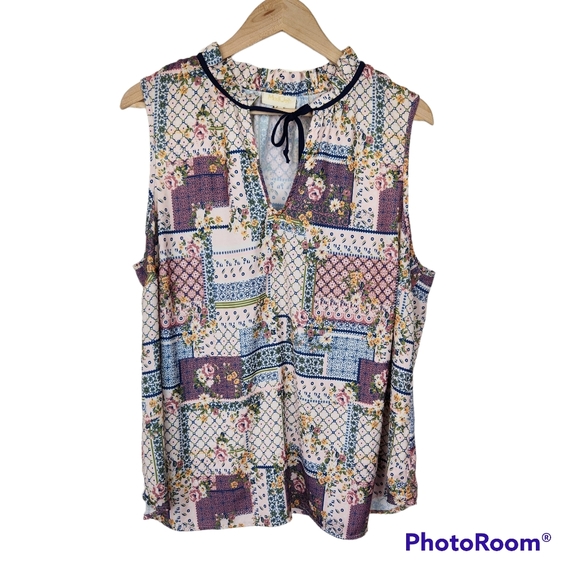 Modcloth Patchwork Tie Neck Sleeveless Blouse - Picture 2 of 8